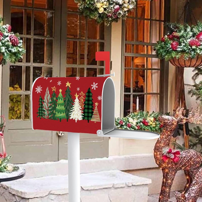 FBCOO Christmas Tree Red Mailbox Cover Magnetic Standard Size 20.5" x 18", Xmas Pine Trees Decorative Post Letter Box Wrap Decor, Winter Holiday Snowflake Garden Yard Outdoor Decoration - Image 2